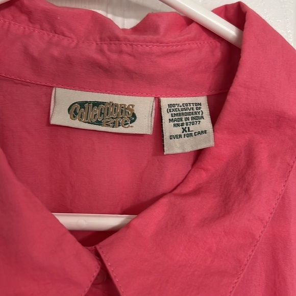 Pink/Salmon Colored Hummingbird Embroidered Button Front Shirt - Picture 4 of 7